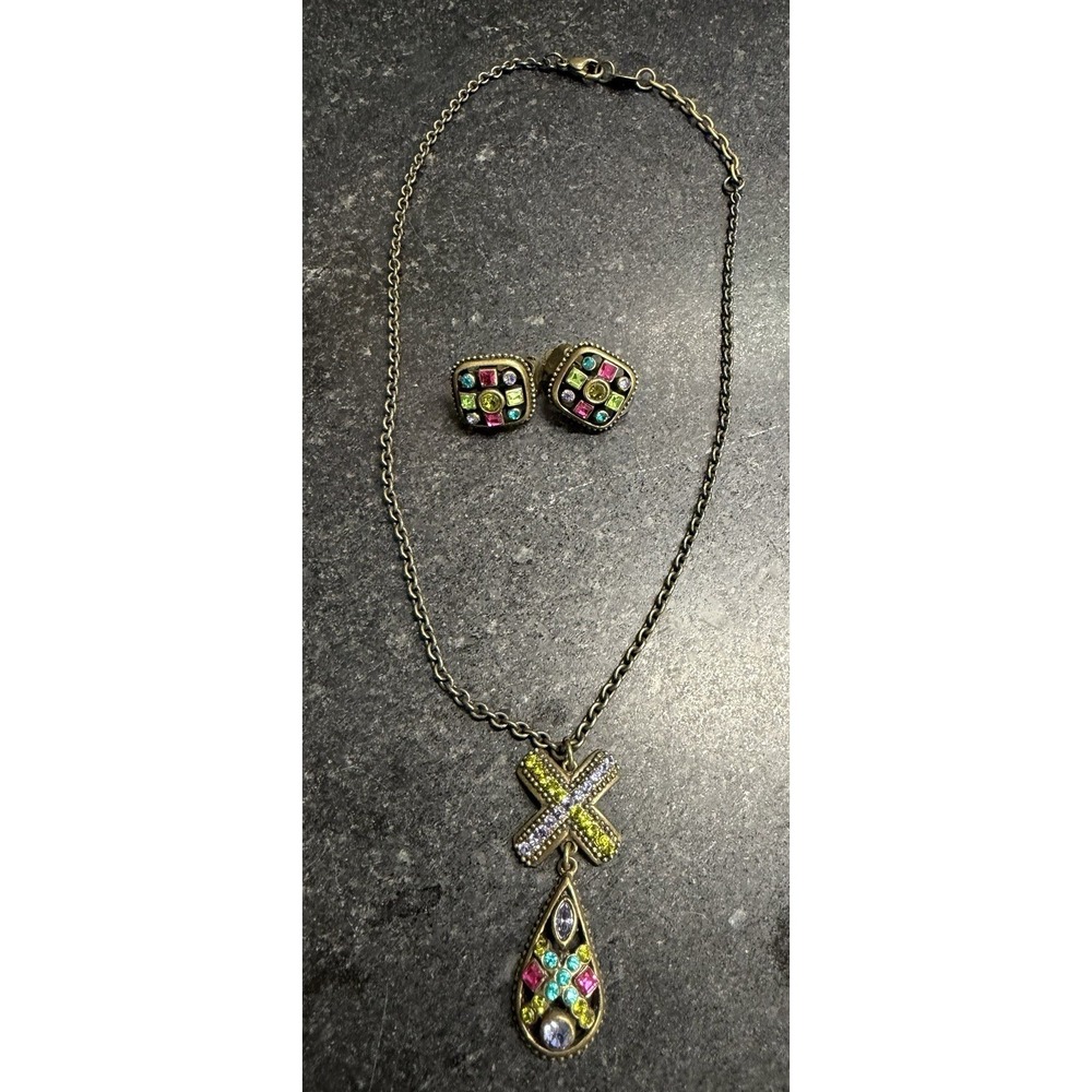 POGGI PARIS Vintage Multi Color Crystal X Lariat Necklace & Clip On Earrings Set